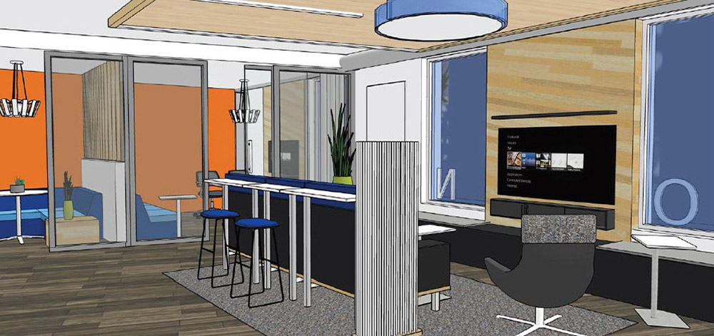 a rendering of the inside of honor credit union's downtown kalamazoo connect center, which will feature lounge and collaboration space