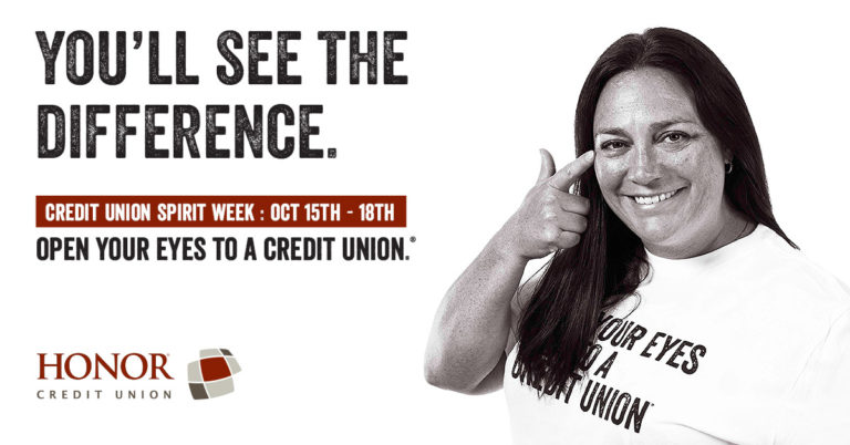open your eyes to a credit union; photo of honor credit union team member pointing to her eyes