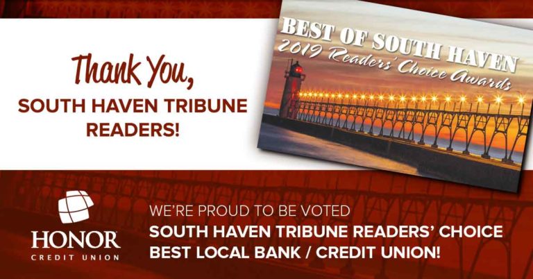 honor credit union was voted best local bank or credit union in south haven for 2019
