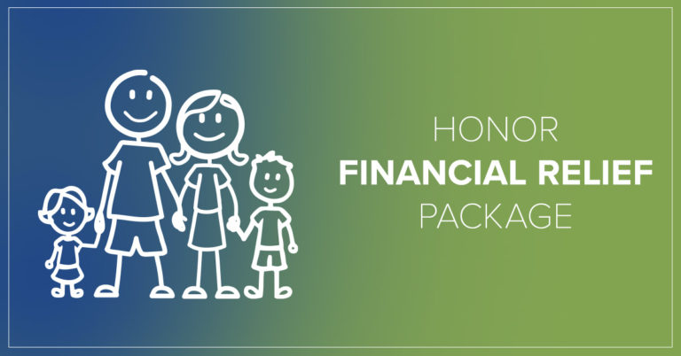 image of a stick figure family holding hands with text that reads honor financial relief package