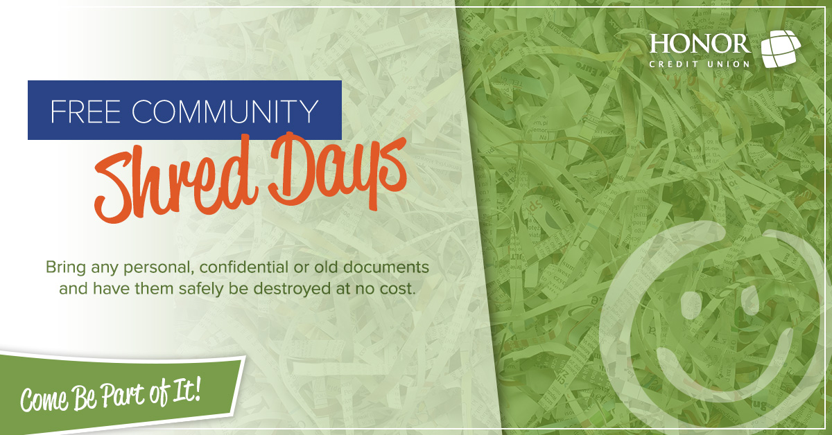 image with a green background with text that describes honor credit union's community shred day events