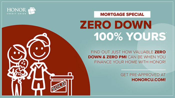 image of a stick figure family in front of a sold sign with text on the image explaining a zero down payment mortgage promotion from honor credit union
