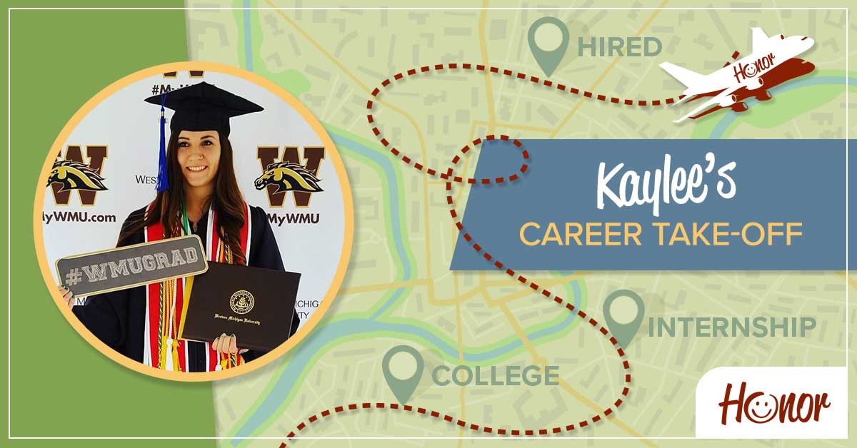 image of honor credit union team member kaylee ronn with text explaining her journey from intern to a full-time honor employee