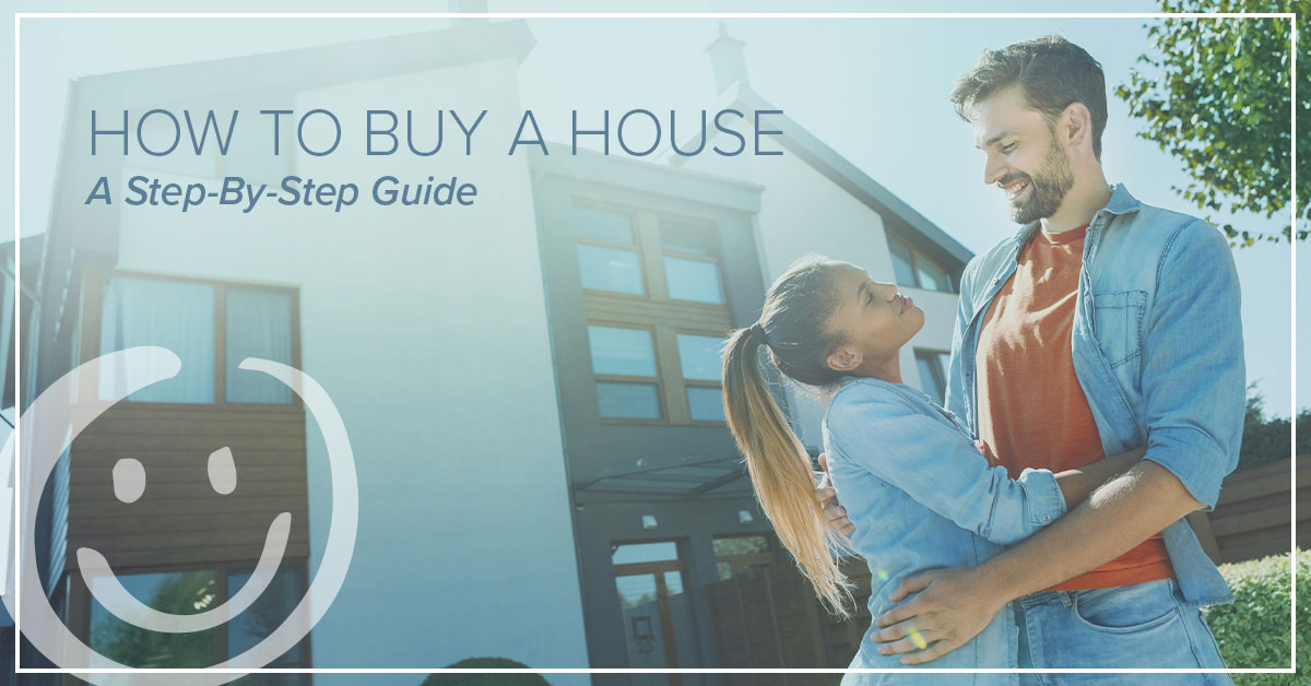 couple standing in front of a house they just bought with blog title text over image that reads how to buy a house: a step by step guide