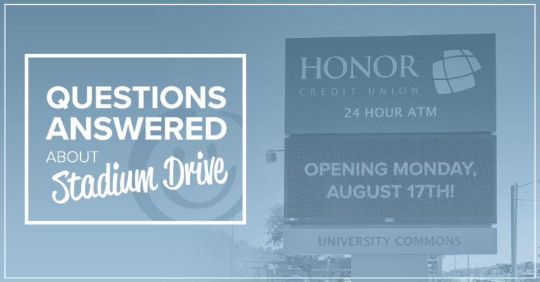 image of the outdoor sign of the new honor credit union stadium drive location with text on image that reads questions answered about stadium drive