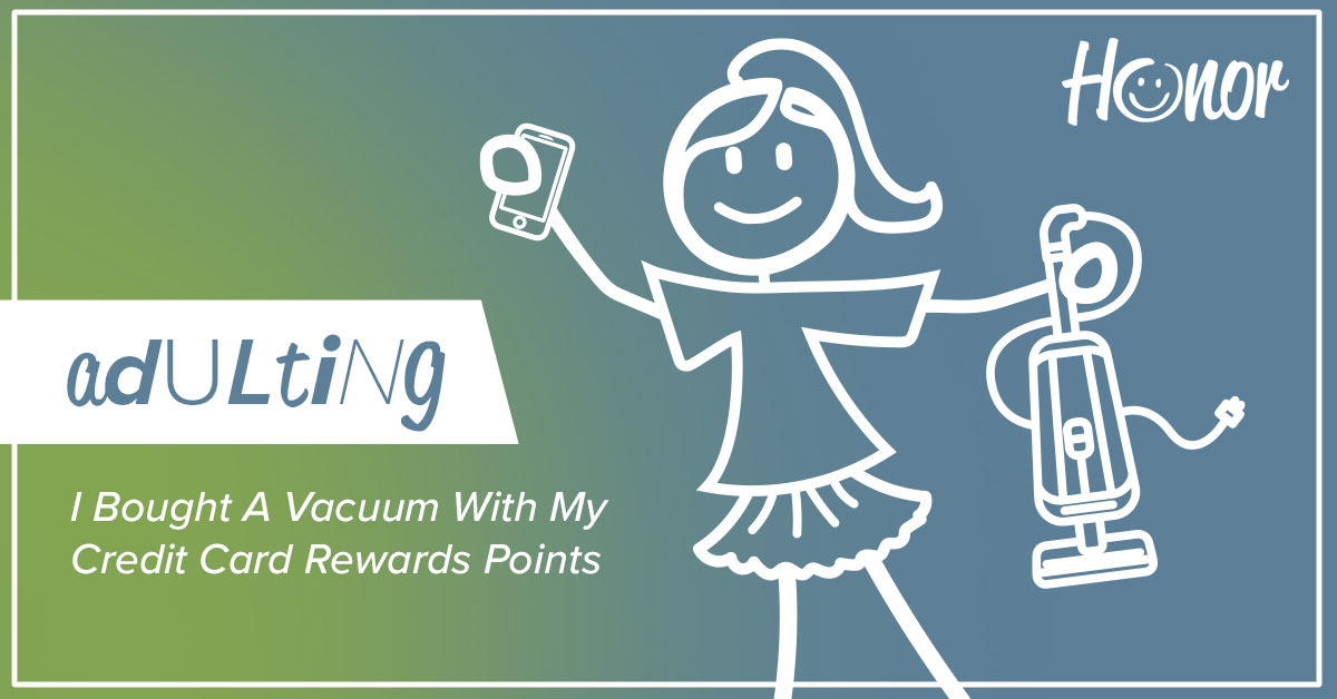 drawing of a stick figure person holding a vacuum cleaner with one hand and a mobile phone with the other hand with text on the image explaining how to redeem select rewards credit card points