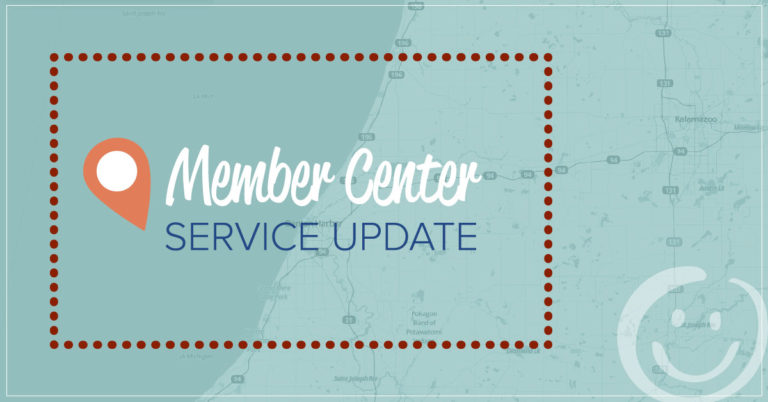 image of a map of southwest michigan with a blue color overlay with text that reads member center service update