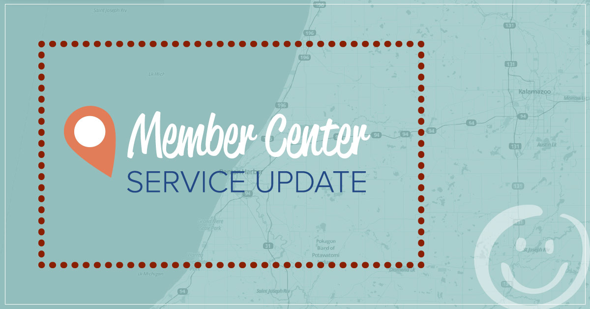 image of a map of southwest michigan with a blue color overlay with text that reads member center service update