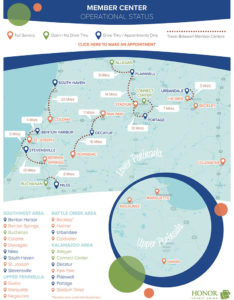 Click to open a PDF version of this regional hub map map image displaying honor member center locations and whether they are full-service with drive-thru, appointment only lobby service with no drive-thru service, or only drive-thru service
