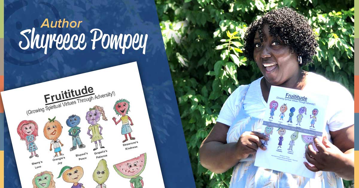 photo of author shyreece pompey holding a book while standing in front of green bushes