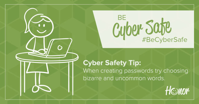image of a stick figure woman standing at a desk working on a laptop with text on the image explaining a cybersecurity tip