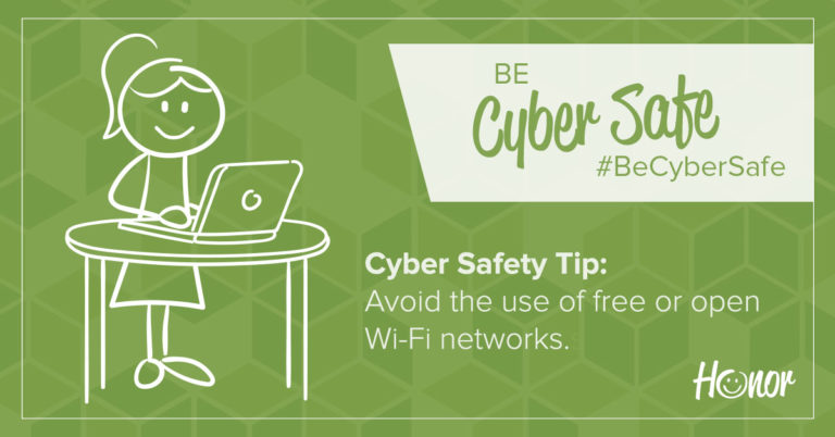 image of a stick figure woman standing at a table working on a laptop with text on image promoting cybersecurity tips