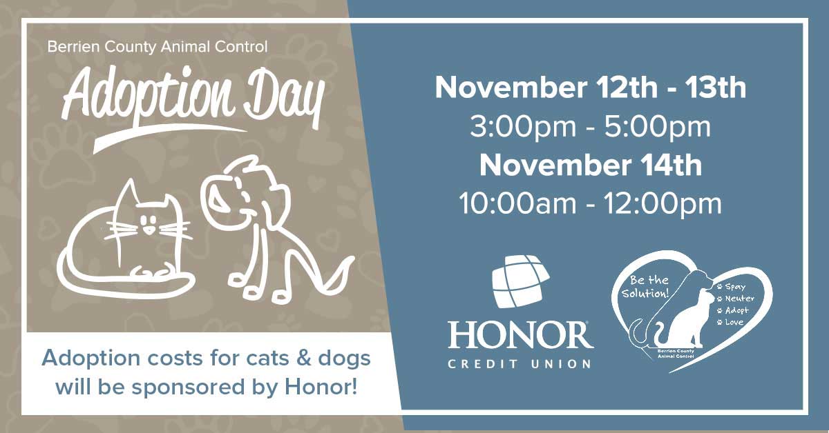 image with gray and blue background with text on the image with details about berrien county animal control adoption days being held november 12th through november 14th