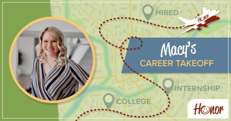 photo of honor credit union team member macy o'dell on a map background with text promoting a career takeoff blog
