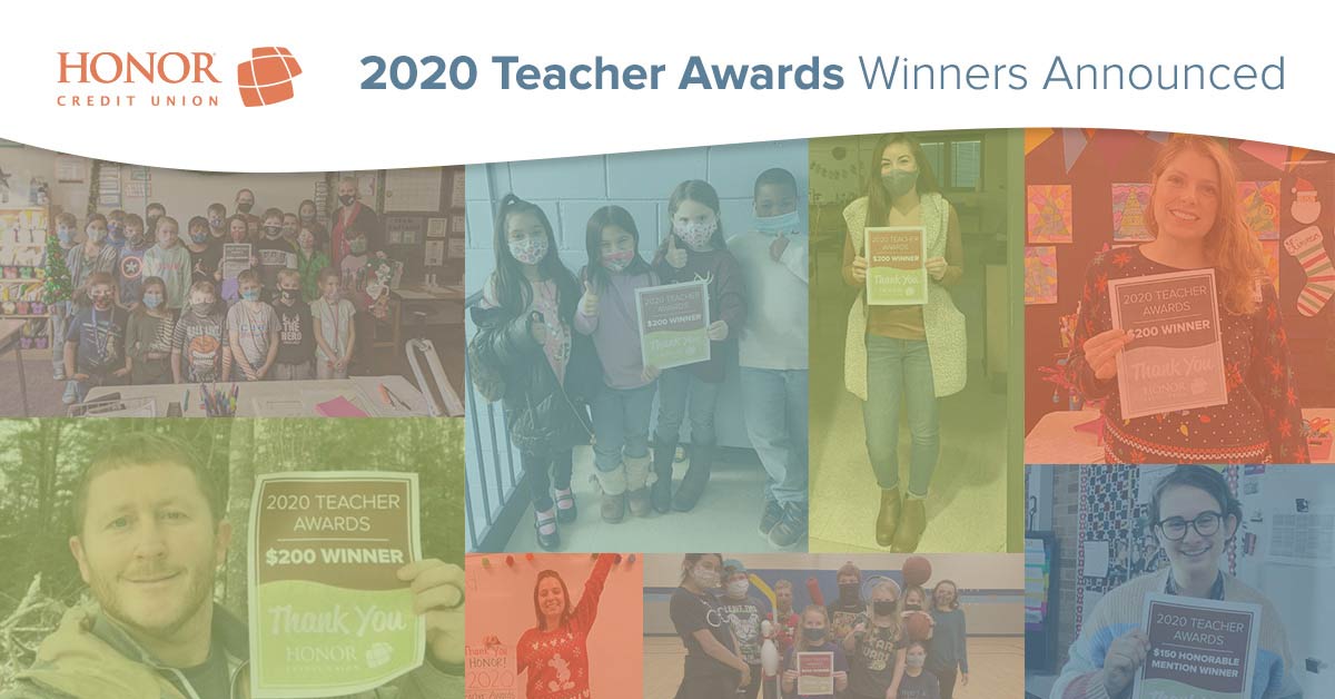 image featuring several 2020 honor credit union teacher award winners in a collage with text on the image that reads 2020 Teacher Awards Winners Announced