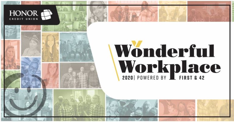image with a background collage of various honor credit union workers and text on the image that promotes wonderful workplace 2020