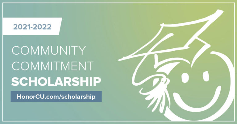 image with white smiley face on green and teal background with text promoting the 2021 community commitment scholarship program