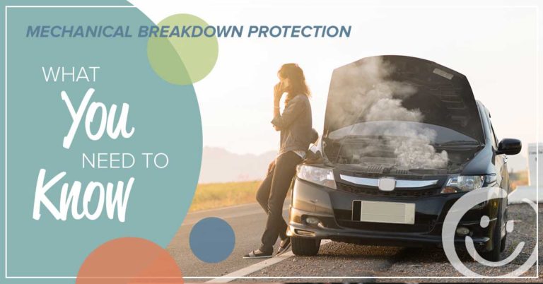 image of a woman talking on a mobile phone while leaning up against a car that has its hood up and the engine smoking; text on the image that reads what you need to know about mechanical breakdown protection