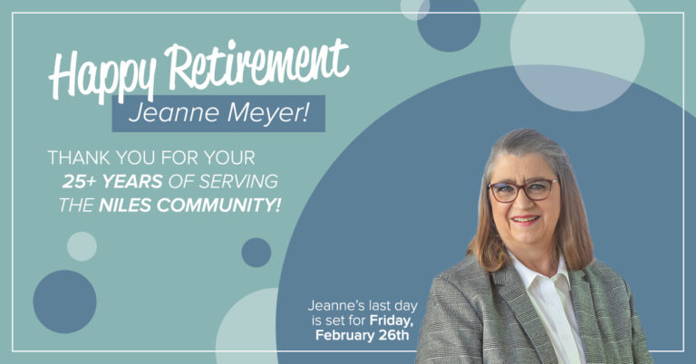 image of retiring niles member center manager jeanne meyer on a blue background with text on background that reads happy retirement