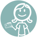 image of a stick figure woman holding a credit card on a teal background