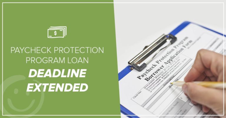 image of a paycheck protection program application with a green color background on half of the image with text about a deadline being extended for the paycheck protection program