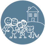 image of a stick figure family and dog standing outside of a house on a blue background
