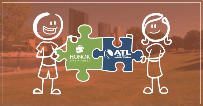 image featuring two stick figures holding puzzle pieces that feature the honor credit union logo and the atl federal credit union logo on a background photo of grand rapids, michigan with an orange color overlay