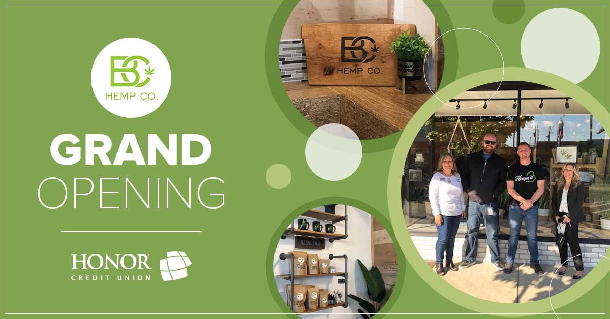 image featuring photos of honor team members, inside the BC Hemp store, and text on a green background promoting the grand opening of BC Hemp Co.