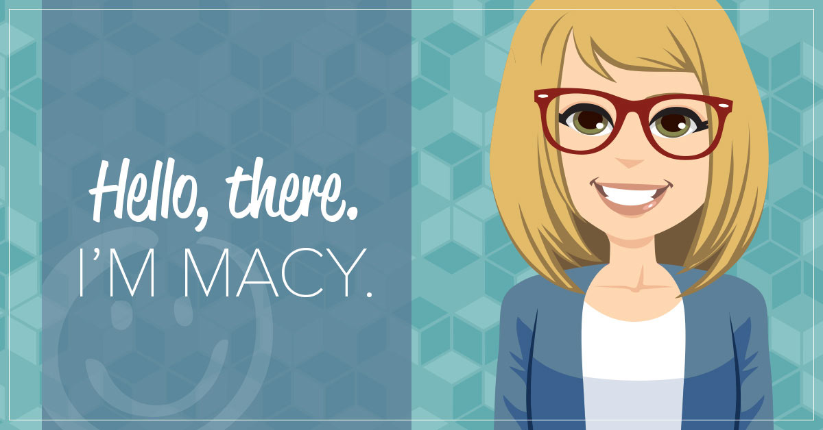 image of a bitmoji human character with blonde hair wearing red glasses on a teal background with text that reads hello I'm Macy, and promoting honor credit union's new AI chatbot