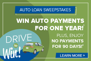 image featuring a green background with white text that explains an auto loan sweepstakes where you could win auto loan payments for one year