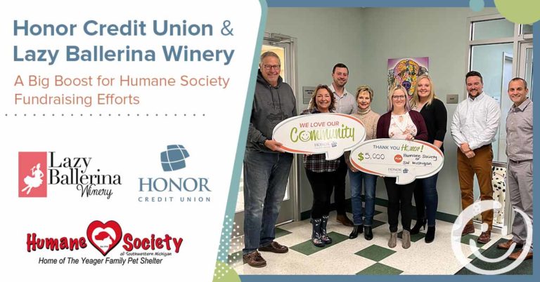 image promoting a press release that provides details about a fundraising effort between honor credit union and lazy ballerina winery to help humane society of southwest michigan
