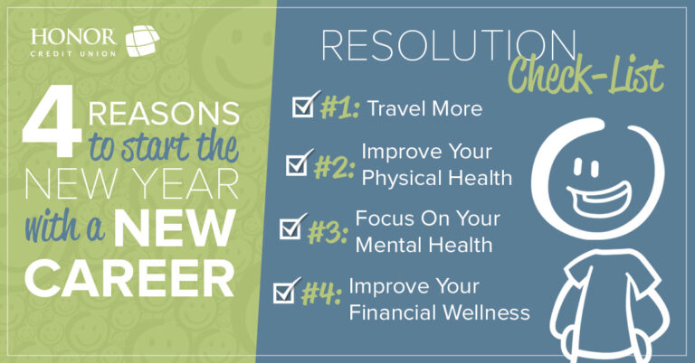 image with green and blue background with white text promoting a blog post about 4 reasons to start the new year with a new career