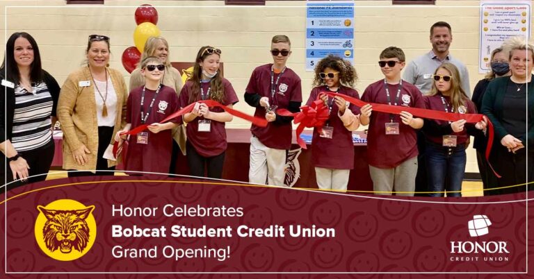 photo of students and faculty at the bobcat student credit union ribbon cutting at brandywine elementary school