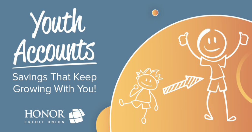 image featuring blue and orange background with white children stick figures and white text that reads youth accounts, savings that keep growing with you