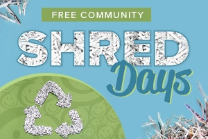 image with blue and green background and text promoting honor credit union shred day events
