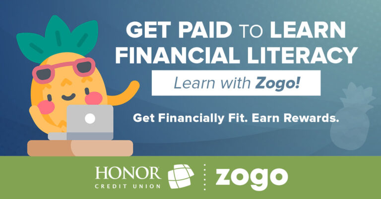 image with blue and green background and text promoting honor credit union's partnership with the zogo financial literacy mobile app