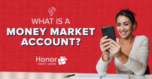 image with a red background and white text promoting a blog about money market accounts