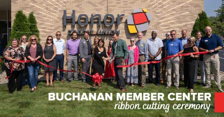 honor team members and buchanan city officials celebrate the buchanan member center ribbon cutting ceremony