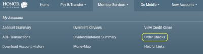 screenshot of online banking menu